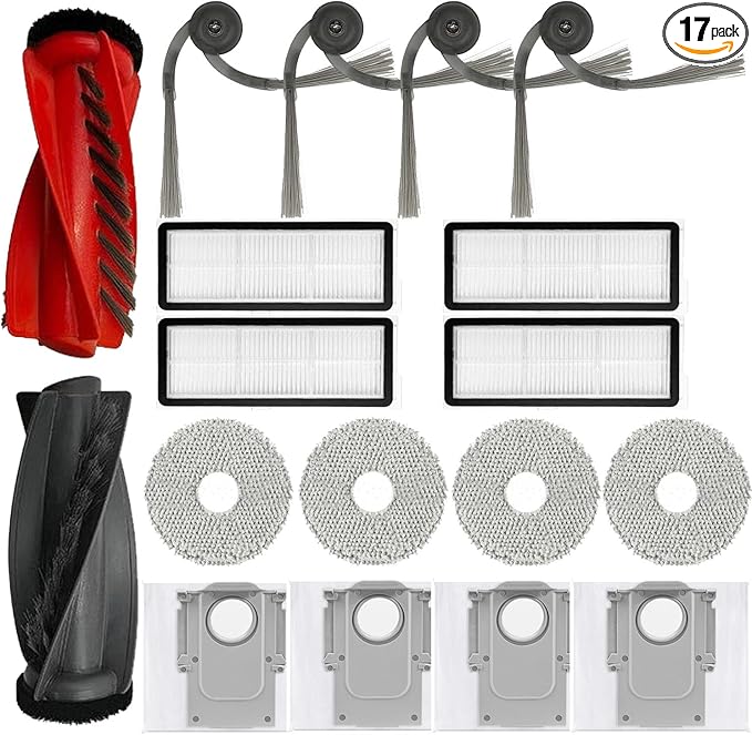 17 Pcs Replacement Parts Accessories Kit,Compatible With Roborock Qrevo Curv/Qrevo Edge Qrevo S5V Robot Vacuum,1 Roller Brush, 4 Hepa Filters,4 Side Brush,4 Mop Pads,4 Vacuum Bags