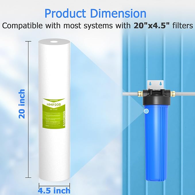 5 Micron Whole House Water Filter Cartridge, Sediment Filters for Well Water, Universal Replacement for Any 20 inch Big Housings - 20" x 4.5" Cartridges - Pack of 6
