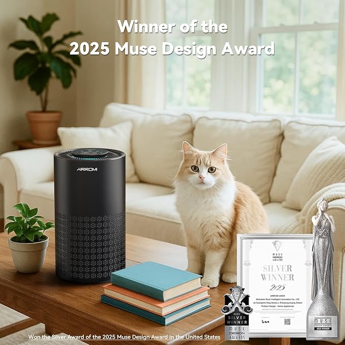 AIRROMI Air Purifier for Bedroom with HEPA 3-in-1 Filter, Pet Air Purifier for Home Cat Pee Smell, Covers Upto 990 Ft², Quiet 360°intake Air Cleaner for pet hair,allergies,Dust,Smoke A2001 Black