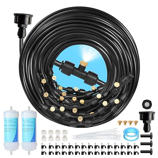 85FT Mister for Outside Patio Misting Cooling System, 85FT (26M) Misting Line+26 Brass Mist Nozzles+Water Filter, Outdoor Mister System for Garden Greenhouse Trampoline Waterparke