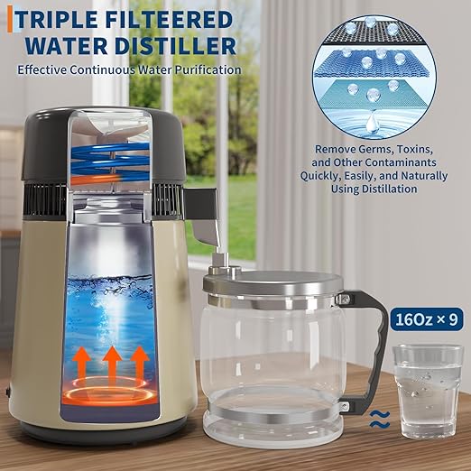 GarveeHome Water Distillers for Home Countertop, 1Gal/4L Stainless Steel Distilled Water Machine with Glass Container, 750W Desktop Drinking Purifier Filter Distilling Kit, Gold