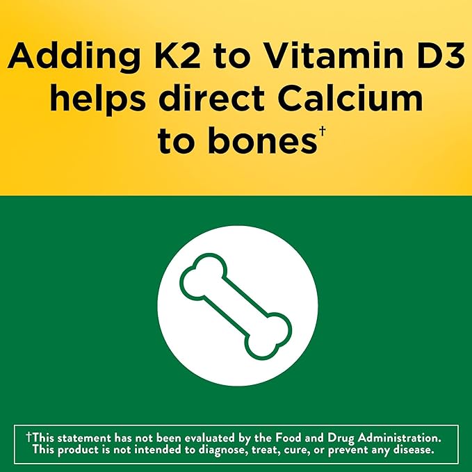 Nature Made Vitamin D3 K2 Supplement, 5000 IU (125 mcg) Vitamin D for Bone, Teeth, Muscle and Immune Support, 30 D3 and K2 Softgels, 30 Day Supply
