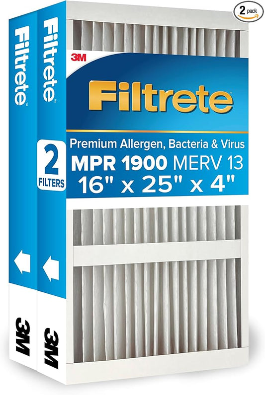 Filtrete 16x25x4 AC Furnace Air Filter, MERV 13, MPR 1900, Premium Allergen, Bacteria & Virus Filter, Electrostatic Air Cleaning Filter, 2-Pack (Actual Size 15.44 x 24.62 x 4.31 in)