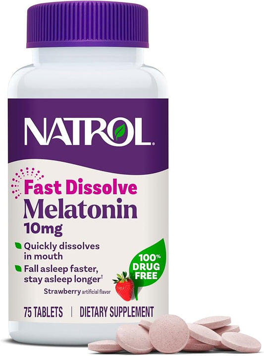 Natrol Fast Dissolve Melatonin 10 mg, Melatonin Supplements for Restful Sleep, Sleep Support for Adults, 75 Strawberry-Flavored Tablets, Up to a 75 Day Supply