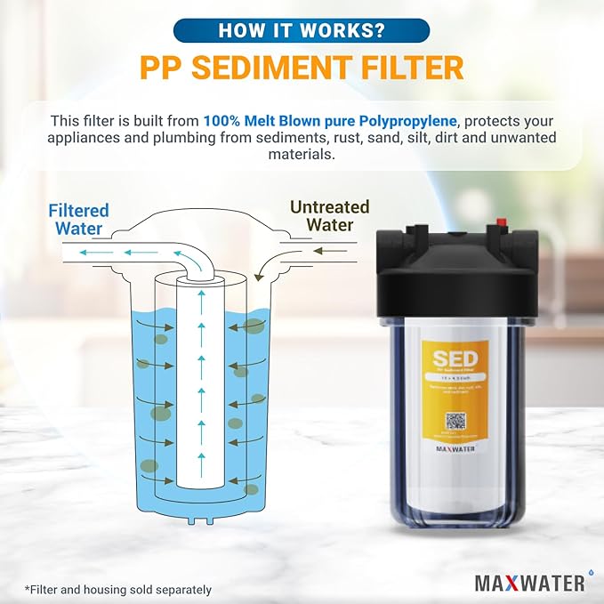 Max Water 5 Micron 10 x 4.5 inch Whole house Sediment Water Filter | Meltblown Polypropylene Well Water Filter Replacement Cartridges for DGD-5005, AP810, SDC-45-1001, GXWH30C, PP10BB (12 Pack)