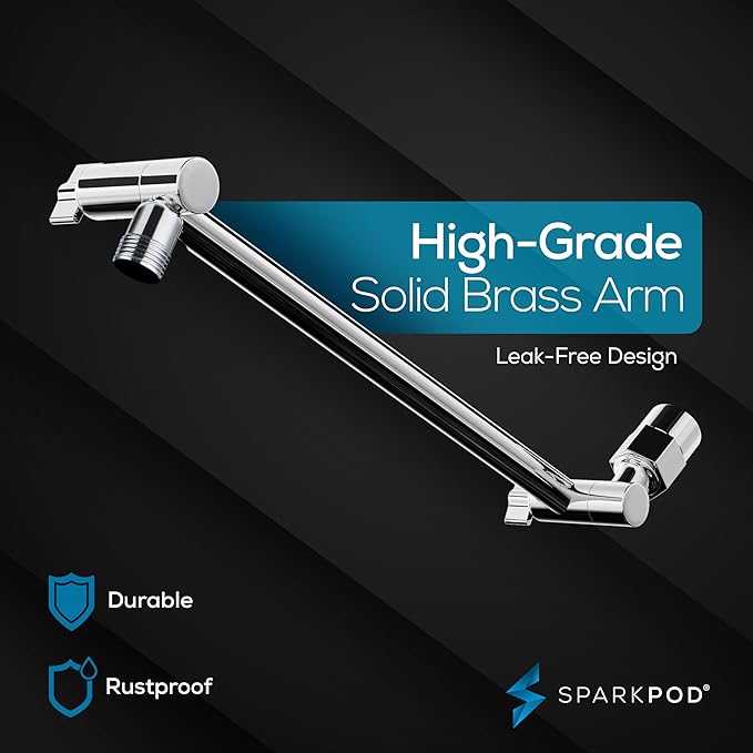 SparkPod Round Rain Shower Head with Shower Head Extension Arm - High Pressure Rain - Luxury Modern Look - No Hassle Tool-less 1-Min Installation (11" Shower Arm Extension, Luxury Polished Chrome)