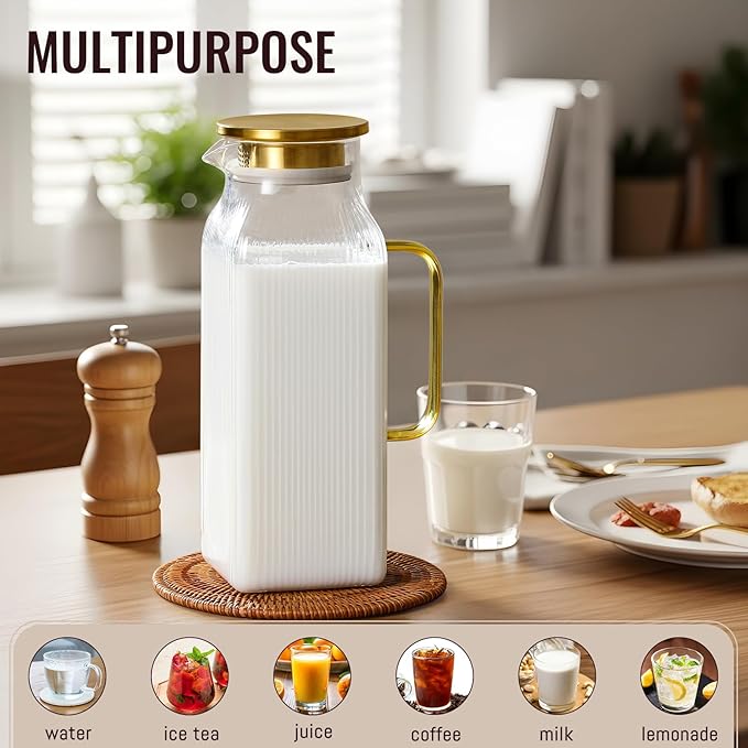 2 Liter/68 oz Square Glass Pitcher with Lid, Classic Stripes Water Pitchers with Handle for Fridge, Large Jug for Iced Tea, Coffee, Borosilicate Glass Carafe for Hot/Cold Brew Drink, Gold