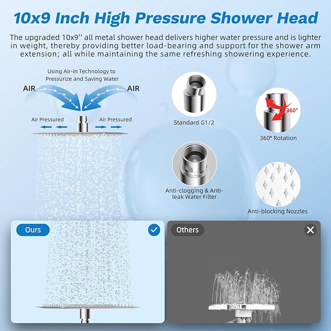 Hibbent Upgraded All Metal 10"Rainfall Showerhead Combo, High Pressure Shower Head with 10-Spray Mode Handheld, Innovative 4-way Diverter with Pause Mode, 71'' Shower Hose and Handheld Holder, Chrome