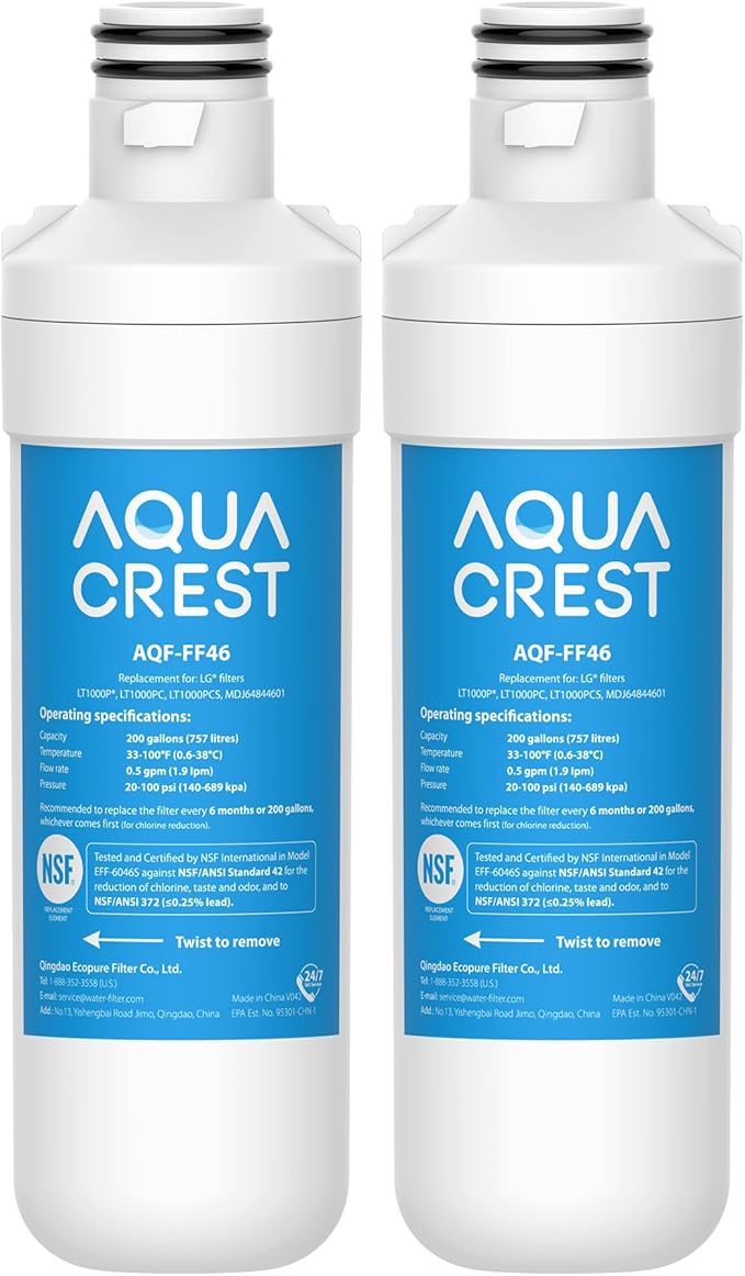 AQUA CREST LT1000PC ADQ747935 MDJ64844601 NSF Certified Refrigerator Water Filter, Replacement for LG® LT1000P®, LT1000PCS, ADQ74793501, ADQ74793502, Kenmore 469980, 9980, Pack of 2