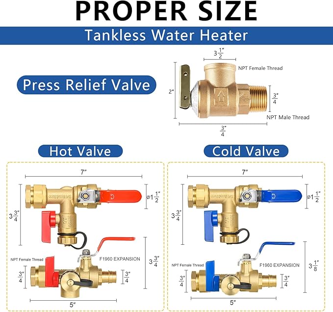 3/4 Inch GUOFIS IPS Tankless Water Heater Valve Kit with Pressure Relief Valve(3/4"FIPx 3/4" PEX-A Expansion F1960),1 Set Water Heater Valve Kit