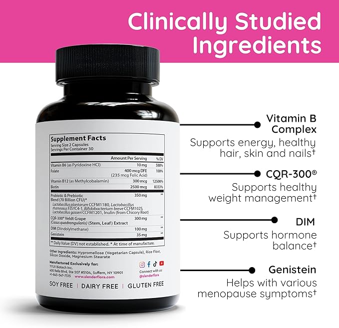 SlenderFlora - Menopause Probiotic Supplement | Weight Management, Hot Flashes, Night Sweats, Bloating | 70 Billion CFU | Gluten, Soy & Dairy Free | 60 Count