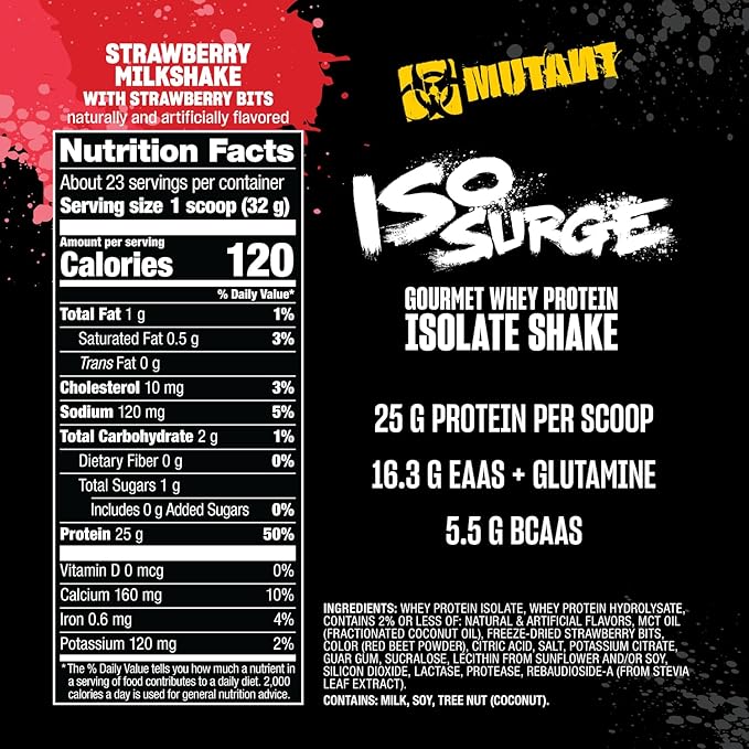 Mutant ISO Surge Whey Protein Isolate Powder Acts Fast to Help Recover, Build Muscle, Bulk and Strength, 1.6 lb - Strawberry Milkshake