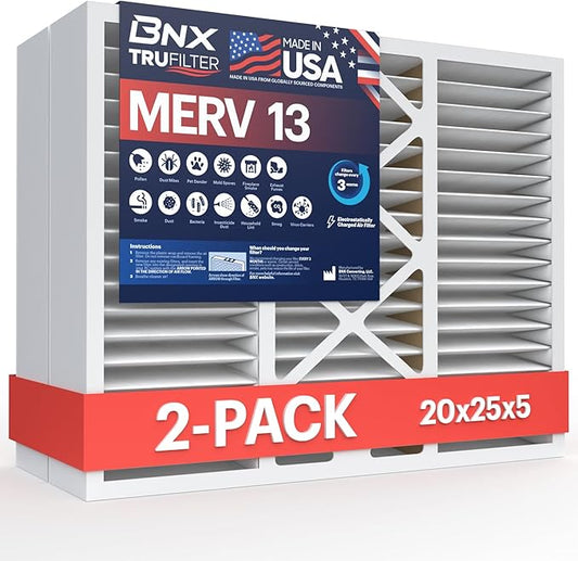 BNX TruFilter 20x25x5 (19.88’’ x 24.75’’ x 4.38‘’ Honeywell Compatible 4”) MERV 13 Air Filter (2-Pack) - MADE IN USA - HVAC AC Furnace Filters Health, Allergies, Mold, Bacteria, Smoke, MPR 1900 FPR 10