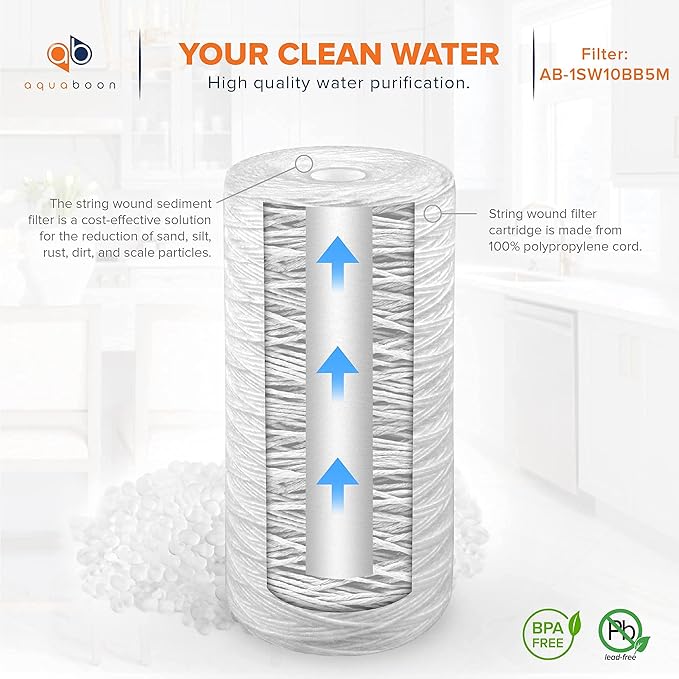 Aquaboon 5 Micron Water Filter 10 x 4.5 inch - String Wound Water Filter for Whole House System - Compatible with 84637, WPX5BB97P, PC10, 355214-45, 355215-45, WP10BB97P, WP5BB97P (2 Pack)