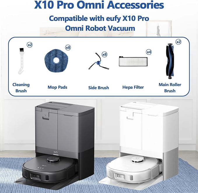 24 Pack Replacement Parts for Eufy X10 Pro Omni Robotic Vacuum Cleaner Accessories Kit, 2 Roller Brushes, 4 HEPA Filters, 8 Mop Cloths, 8 Side Brushes, 2 Cleaning Brushes