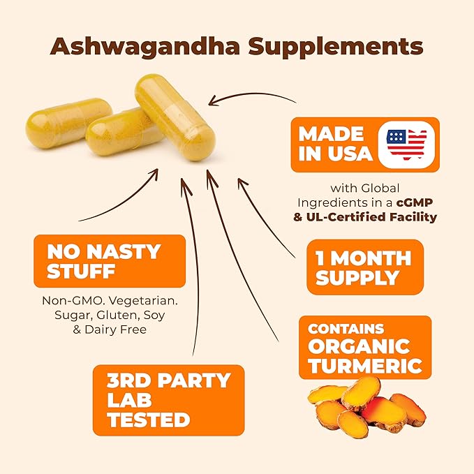 Turmeric Curcumin Ashwagandha Supplements - Turmeric Supplement & Curcumin with Black Pepper (95% Curcuminoids), Organic Tumeric and Ginger for Max Joint Support, Healthy Energy & Mood. 60 Capsules