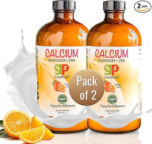 GreenPeach Liquid Calcium for Kids - Magnesium, D3 & Zinc Supplement - Calcium Citrate & Vitamin D3 Kids Calming Syrup - No Sugar No Artificial Flavors - Vegetarian Kosher (2-Pack)