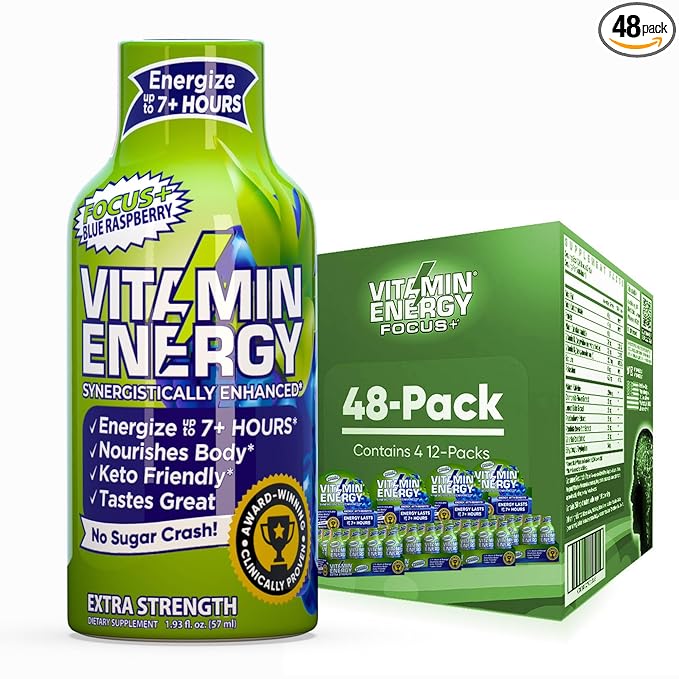 Vitamin Energy Focus+ Extra Strength Energy Shot Blue Raspberry 48 Pack, 260mg Natural Caffeine, B-Vitamins, CoQ10, Amino Acids, Focus, Productivity & Clarity, Zero Sugar, Gluten-Free, 1.93 fl oz