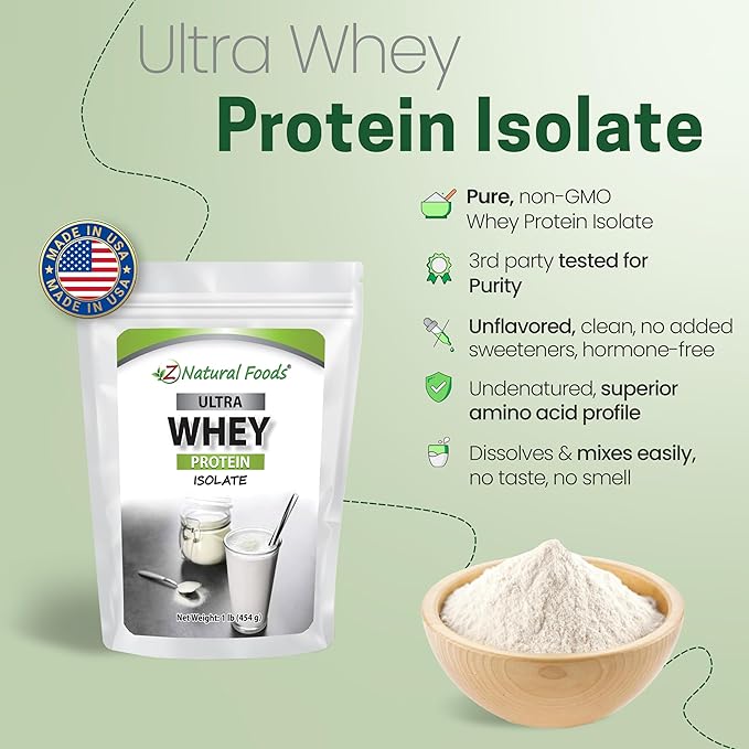 Z Natural Foods Ultra Whey Protein Isolate Powder - Pure, Unflavored, Unsweetened Whey Protein Powder - Flavorless Whey Isolate with Vital Proteins for Fitness, Sports Nutrition, Immune Support, 1 lb