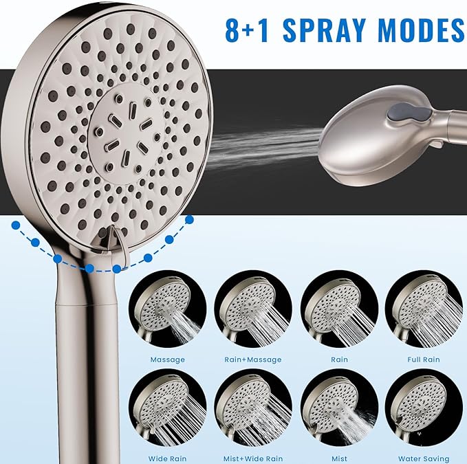 Filtered Shower Head with Handheld, High Pressure 9-Spray Modes Detachable Shower Head with Filter for Hard Water-Remove Chlorine & Impurities, Improve Skin & Hair Health, Brushed Nickel