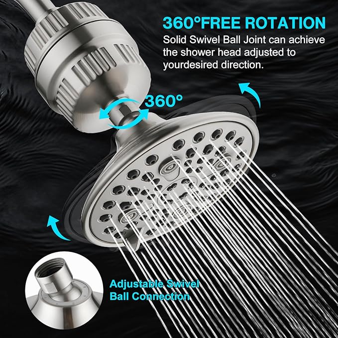 Cobbe 6-Setting High Pressure Filtered Shower Head Combo, Detachable Rain Shower Head with 20 Stage Shower Head Filter for Hard Water - Remove Chlorine and Harmful Substances, Brushed Nickel