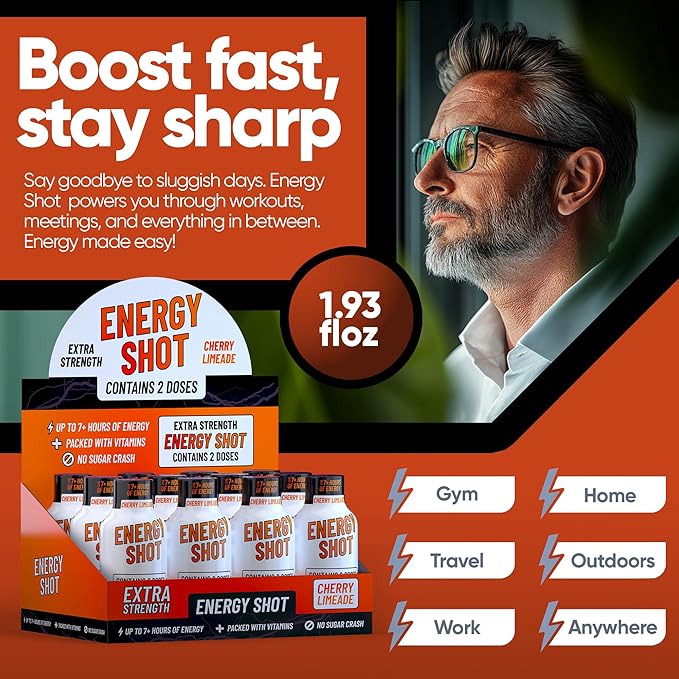 Energy Shot – 2 Servings – 100% DV B-Vitamins & 130mg Plant-Based Caffeine – Zero Calories, Sugar-Free, Vegan, Non-GMO – Energy & Productivity Support (1.93 Fl Oz (Pack of 48), Cherry Limeade)
