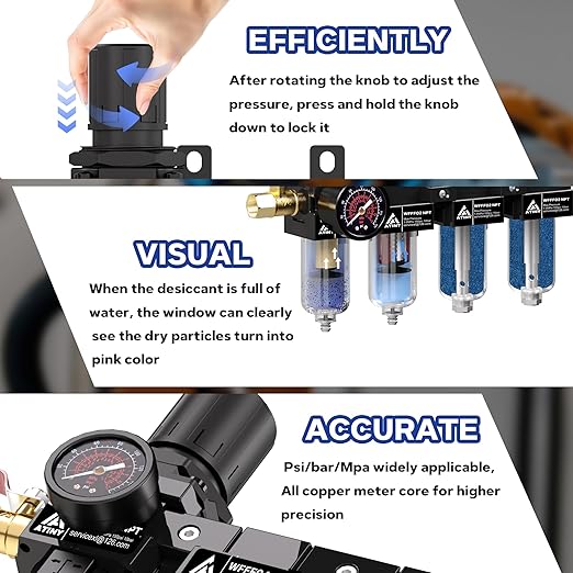 1/4 Inch NPT 4 Stage Air Compressor Dryer System,Air Drying System Brass Filter&Coalescing Filter,Double Desiccant Dryers & Air Regulator, Semi-Auto Drain(Black)