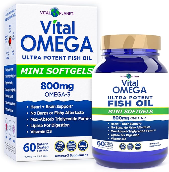 Vital Planet - Vital Omega 3 Fish Oil Mini Softgels Supplement with 800mg of High Potency Wild Caught Omega 3 Fatty Acid Supplements EPA DHA and DPA for Heart Health 60 Softgels (Packaging May Vary)
