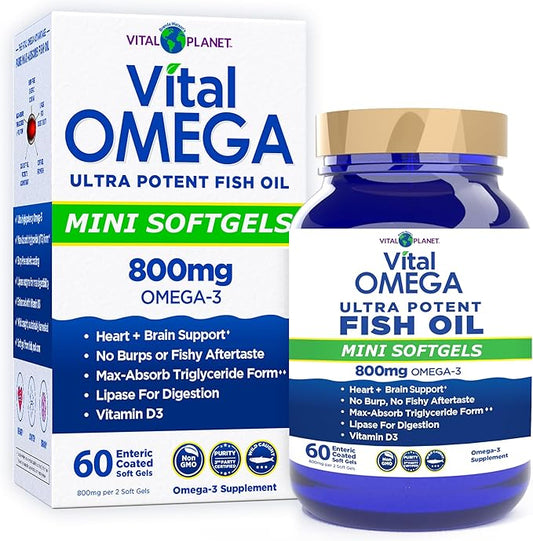Vital Planet - Vital Omega 3 Fish Oil Mini Softgels Supplement with 800mg of High Potency Wild Caught Omega 3 Fatty Acid Supplements EPA DHA and DPA for Heart Health 60 Softgels (Packaging May Vary)