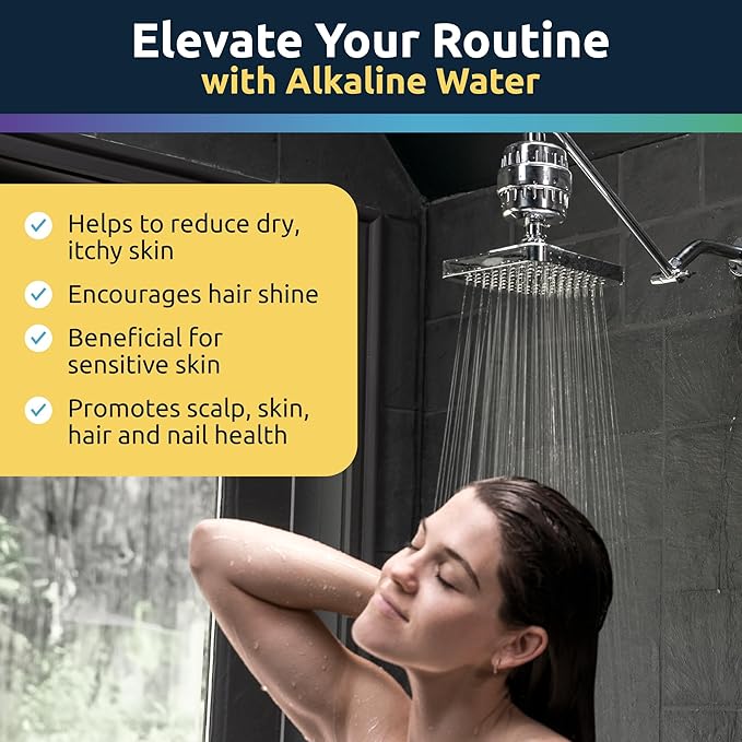 Invigorated Living Shower Filter pH ENERGIZE - 15-Stage High Output Shower Head Filter for Hard Water – Increases pH, Removes Chlorine & Heavy Metals – For Dry Hair & Skin – Includes 2 Cartridges