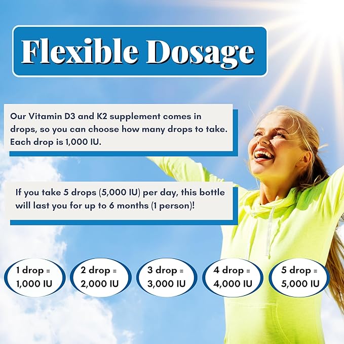 Liquid Vitamin D3 K2 Drops 5000 IU - Vegan, No Taste, No Odor, Soy-Free, Gluten Free, Non-GMO, 1000 IU per Drop, Boosts Energy Levels & Immune System, Supports Heart Health (5 Pack)