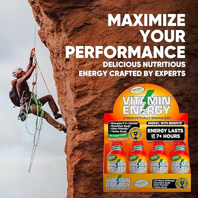 Vitamin Energy Focus+ Extra Strength Energy Shot Mango 12 Pack, 260mg Natural Caffeine, B-Vitamins, CoQ10, Amino Acids, Focus, Productivity & Clarity, Zero Sugar, Gluten-Free, 1.93 fl oz