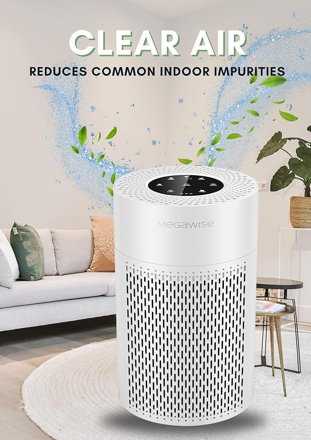 MegaWise Air Purifier EPI-235A (2024) - HEPA Filter, 3-Stage Filtration, Ultra-Quiet Operation, Adjustable Fan Speed, and Night Light (White)