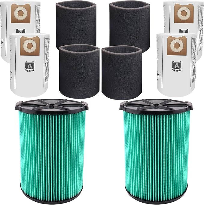 2 Pack VF6000 Filters + 4 Pack VF3502 Filter Bags + 4 Pack Foam Sleeve for Ridgid 5-20 Gallon Wet Dry Vacuum Cleaner (10 Pack)