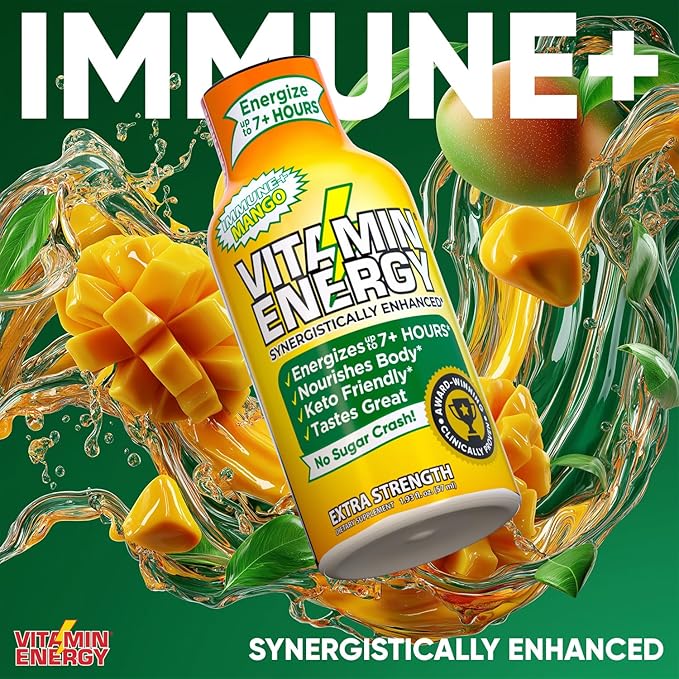 Vitamin Energy Immune+ Extra Strength Energy Shot Mango 12 Pack, 260mg Natural Caffeine, B-Vitamins, Citicoline, Green Tea, Immunity & Focus Support, Zero Sugar, Gluten-Free 1.93 fl oz