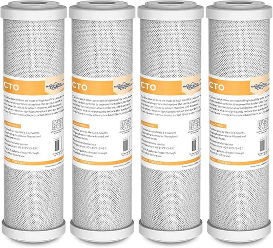 Membrane Solutions 5 Micron 2.5" x 10" CTO Carbon Block Water Filter Cartridge Replacement for Whole House Filtration Systems, Compatible with WFPFC8002, WFPFC9001, FXWTC, WHKF-WHWC, 4-Pack