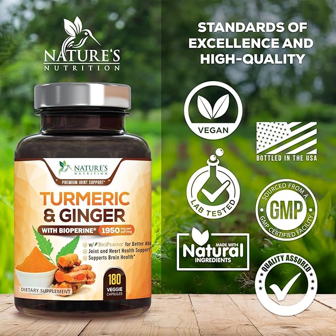 Turmeric Curcumin Supplement 1950mg - 95% Curcuminoids with Organic Turmeric & Ginger, BioPerine Black Pepper for Best Absorption, Nature's Vegan Joint Support, Non-GMO, Bottled in USA - 180 Capsules
