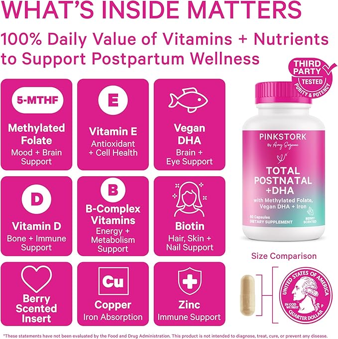 Pink Stork Total Postnatal Vitamins for Women with Vegan DHA, Iron, Folate, and Vitamin B12, Postpartum Recovery Essentials, Daily Supplement for Breastfeeding Moms - 1 Month Supply
