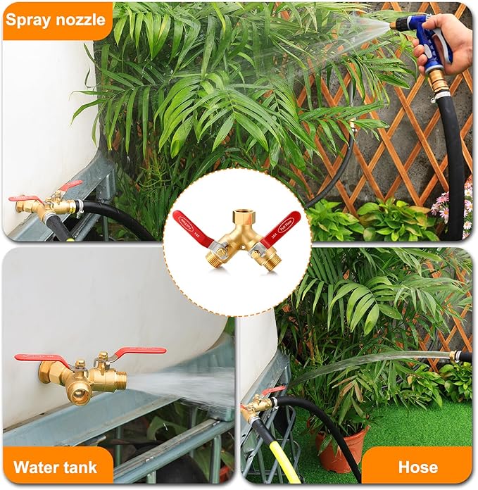 Garden hose diverter, full-flow, heavy-duty brass 2-way high flow, outdoor faucet Y-valve closure diverter connector, garden hose high-flow diverter adapter. (2-Way Full Flow 2PCS)