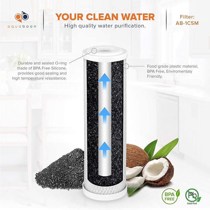 Aquaboon 5 Micron 10 x 2.5 Carbon Block Water Filter Cartridge CTO Whole House Water Filter Replacement Compatible with WHKF-WHWC, FXWTC, 4-PACK