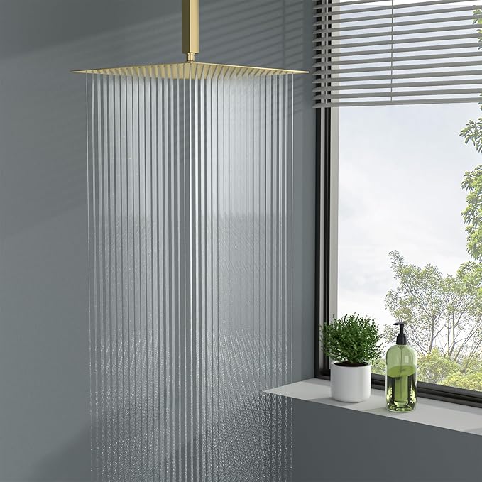 Lordear Gold Rain Shower Head 16 Inch Square Rainfall High Pressure Stainless Steel Rainfall Shower Head 360° Rotation Shower Head Waterfall Showerhead with Silicone Nozzle