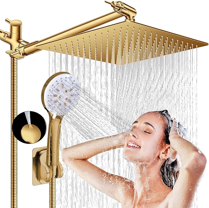 Shower Head, 10" High Pressure Rain shower head with Handheld Spray Combo, 6 Settings Handheld with 78" Anti-leak Hose, 11" Adjustable Extension Arm, Ultra Thin Water Saving, Gold, AWAXFOLO