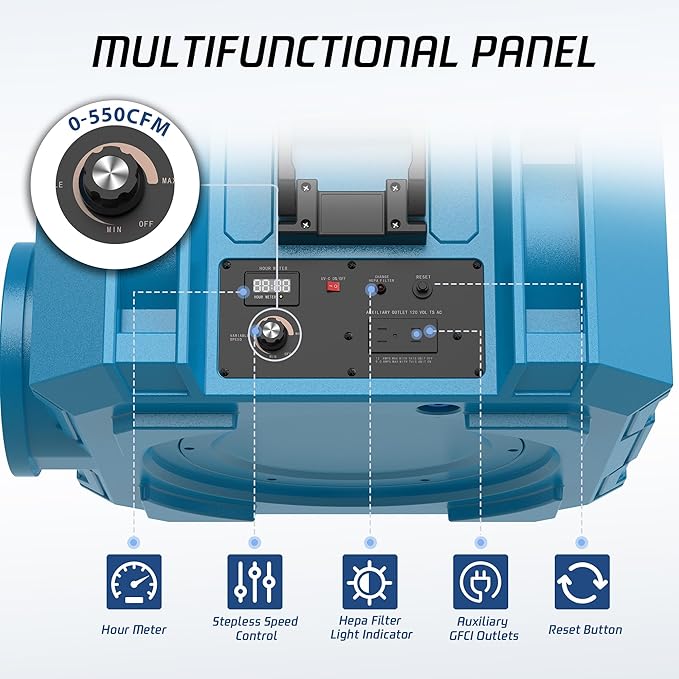 Hepa Air Scrubber Commercial Air Purifier with 3-Stage Filtration Negative Air Machine Industrial Air Purifier for Heavy Duty, 550CFM