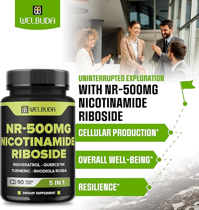 5in1+ Nicotinamide Riboside Supplement with Resveratrol, Quercetin, Turmeric, Rhodiola Rosea - 90 Count for 90 Days