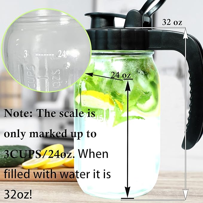 Glass Mason Jars Pitcher 32 Oz Pour Spout Lids & Handle (2 Set) Wide Mouth Airtight Leak Proof Fridge Breast Milk Pitcher With Top Flip Cap 1 Quart Water Jug For Cold Brew Coffee, Iced Tea, Beverage
