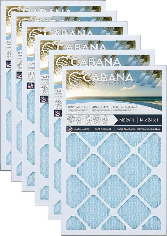 Cabana Filters 14x24x1 AC Furnace Air Filter, Merv 11 Capture Unwanted Particles, Pleated Furnace Filter HVAC AC Filters - Made in the USA - 6 Pack