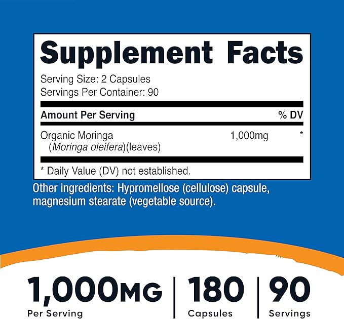 Nutricost Moringa Capsules 500mg, 180 Capsules (90 Servings) - Vegetarian Capsules, Non-GMO, Gluten Free