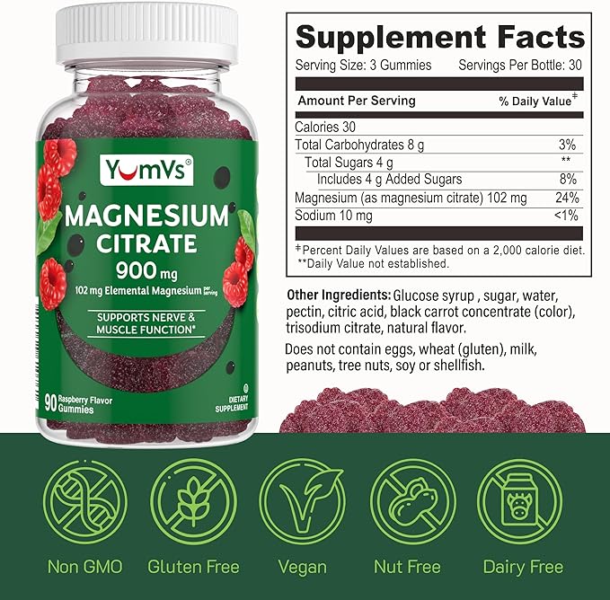 YUM-V'S Magnesium Citrate Gummies – 900mg Highly Absorbable Magnesium Gummies for Women & Men to Support Nerve, Muscle & Enzyme Function – Gluten-Free, Kosher & Raspberry Flavor (90 Count)