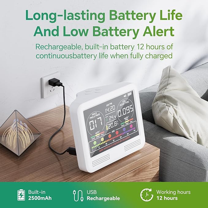 16-in-1 Air Quality Monitor Indoor with 7AQI Beep Alarm, CO2 Monitor, Air Quality Detector with PM1.0 | PM2.5 | PM10 | Temp | HUM | Formaldehyde | VOC Tester for Home Office Plant (Pearly White)