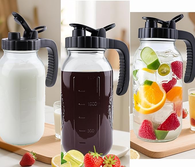 Glass Mason Jar Pitcher With Lid 2 Quart Sun Tea Glass Pitcher 64 Oz Wide Mouth Half Gallon Hot Cold Water Coffee Jug Carafe For Fridge Lemonade, Beverage,Milk,Juice, Cold Brew Tea Container